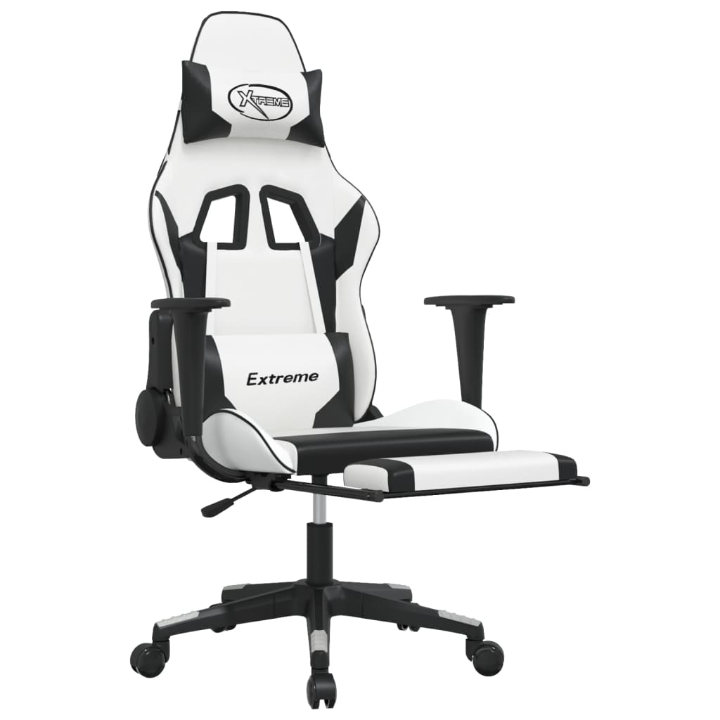 vidaXL Cadeira gaming c/ apoio p/ pés couro artificial preto e branco