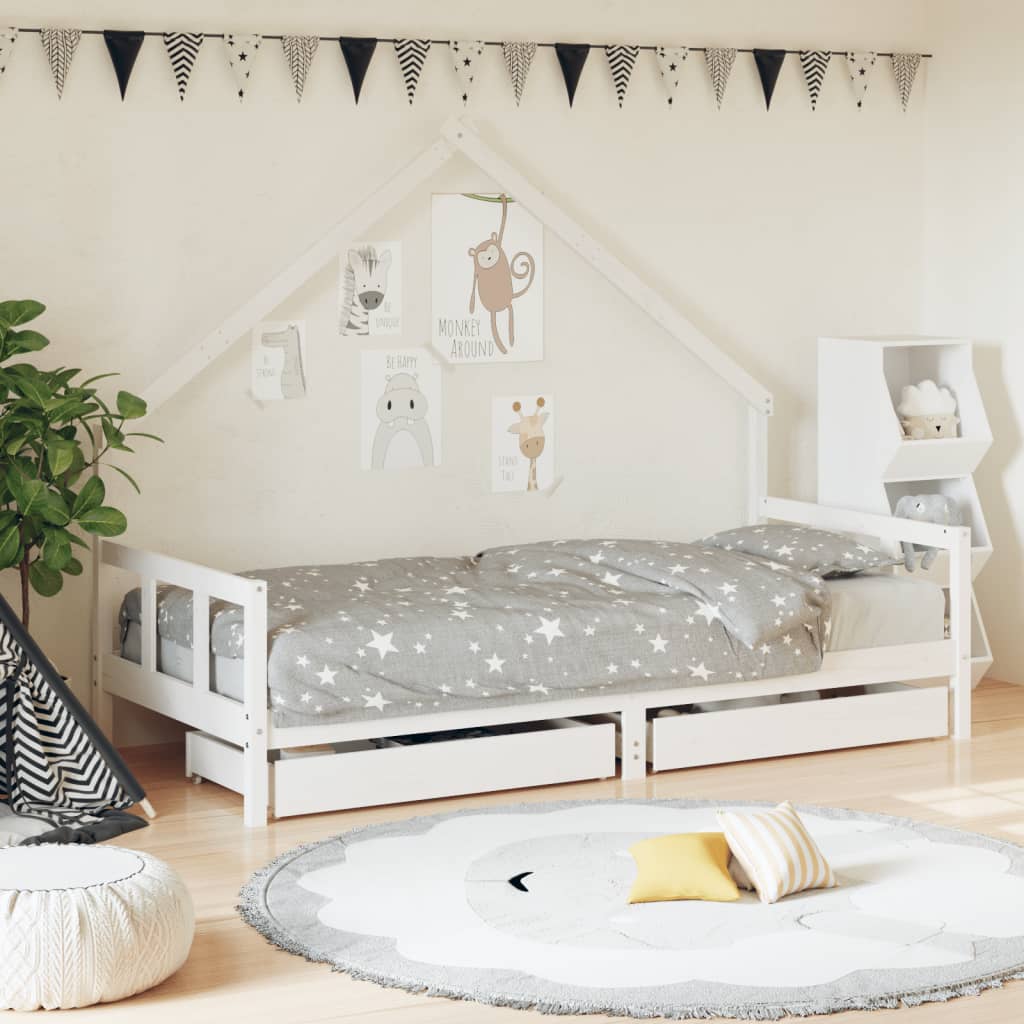 vidaXL Estrutura cama infantil c/ gavetas 90x200cm pinho maciço branco