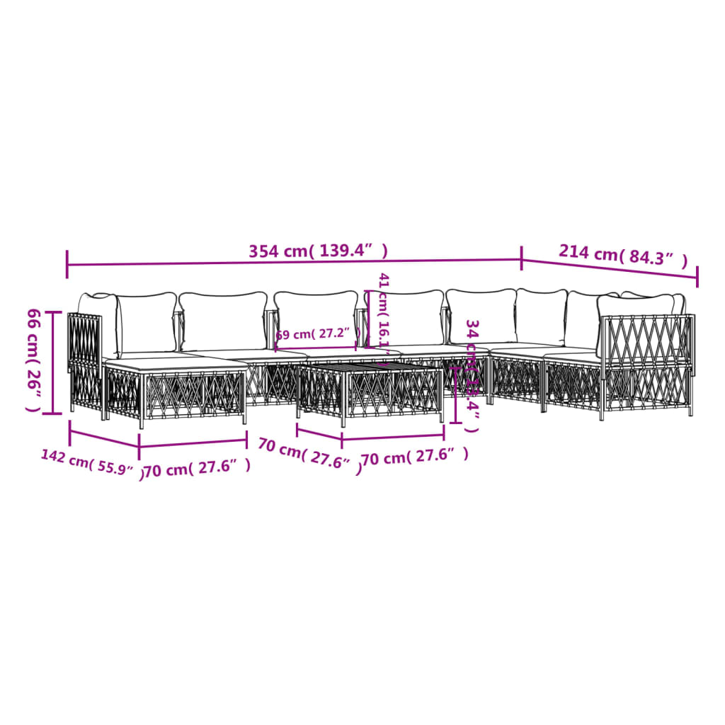 vidaXL 9 pcs conjunto lounge de jardim com almofadões aço branco