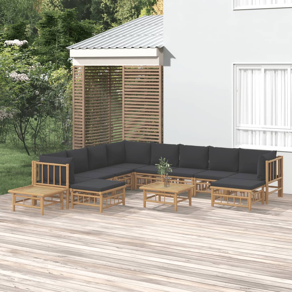 vidaXL 12pcs conj. lounge de jardim bambu c/ almofadões cinza-escuro