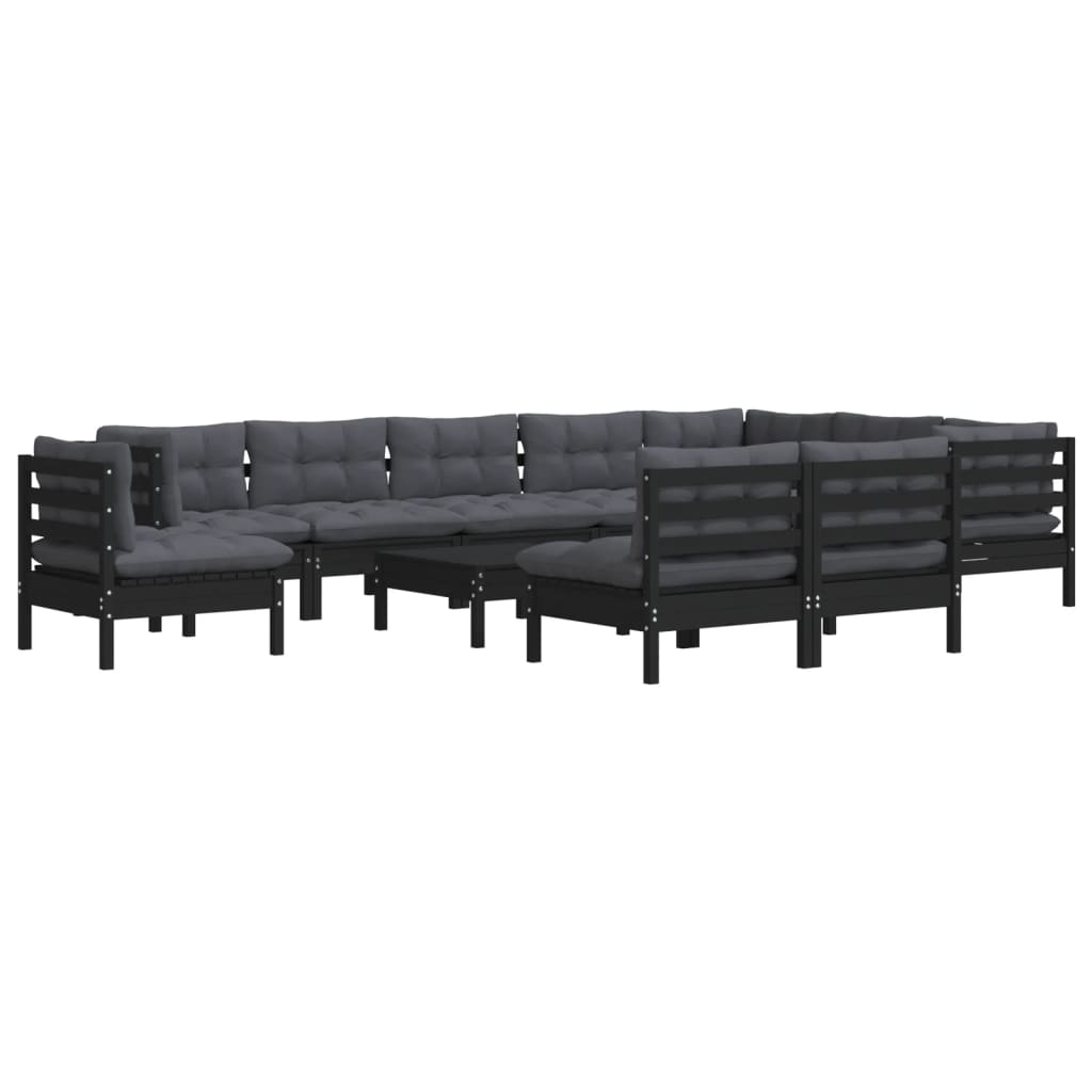 vidaXL 11 pcs conjunto lounge jardim c/ almofadões pinho maciço preto