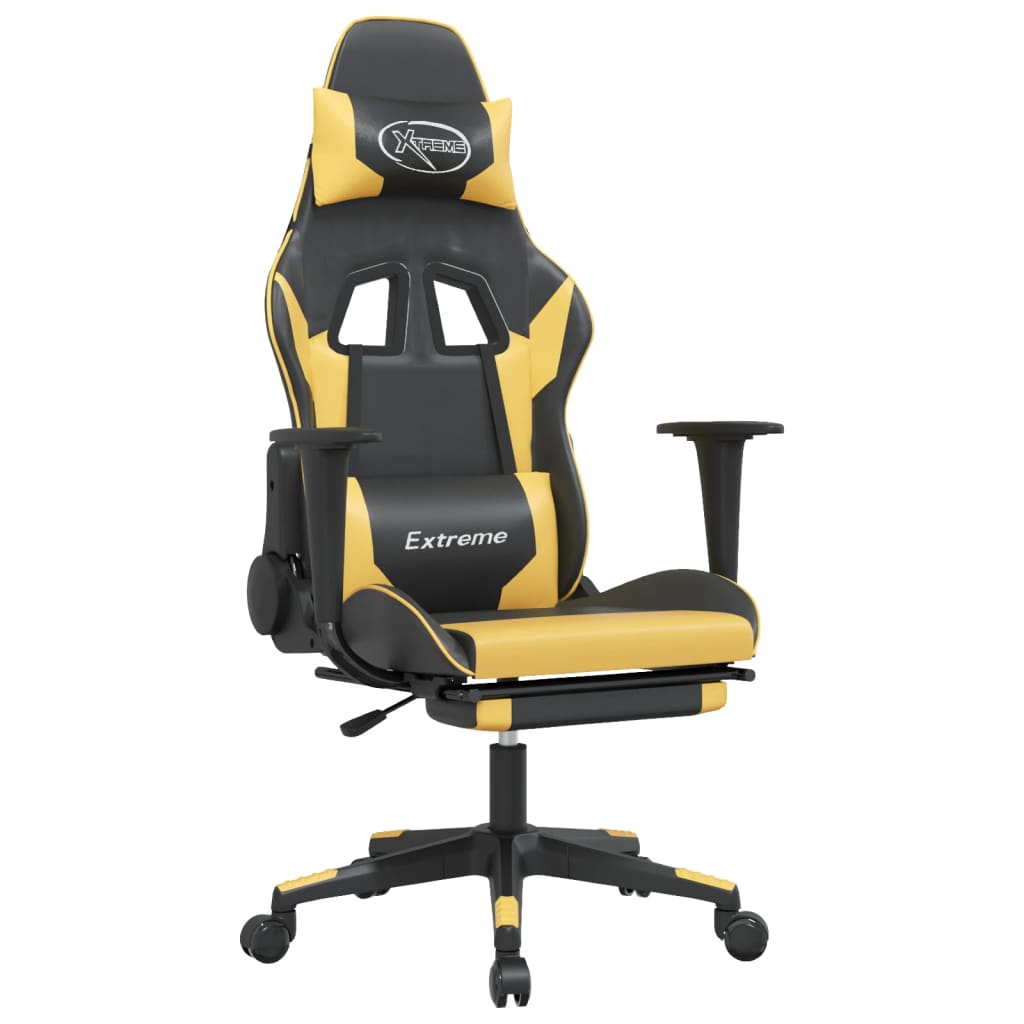 vidaXL Cadeira gaming massagens c/ apoio pés couro artif. Ouro/Preto