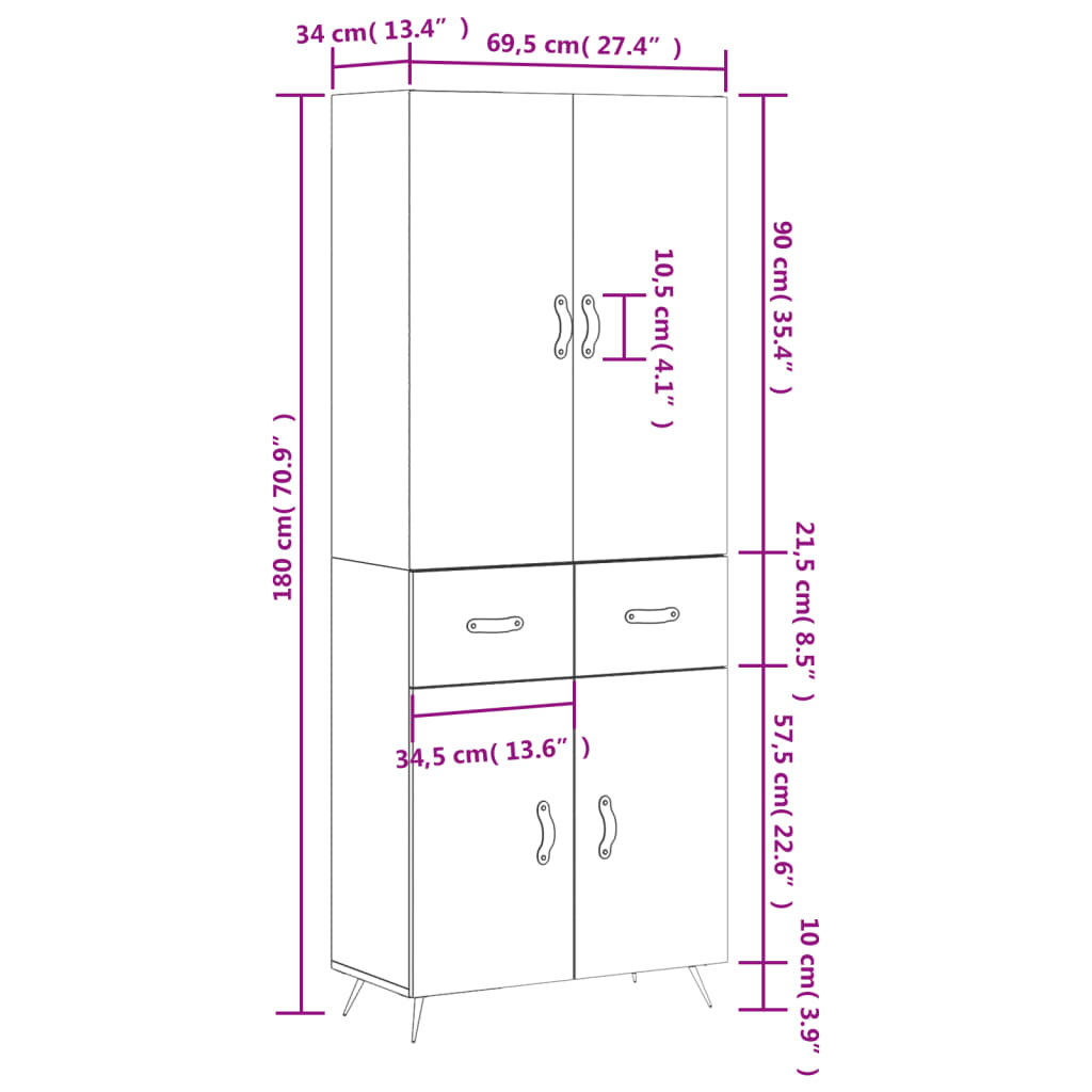 vidaXL Armário alto 69,5x34x180 cm derivados de madeira cinza cimento