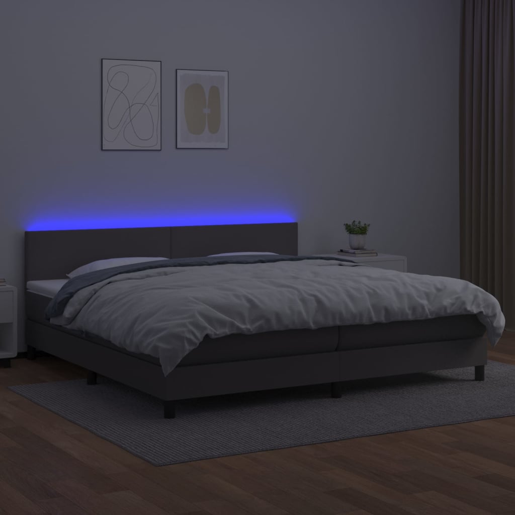 vidaXL Cama box spring c/ colchão/LED 200x200cm couro artificial cinza