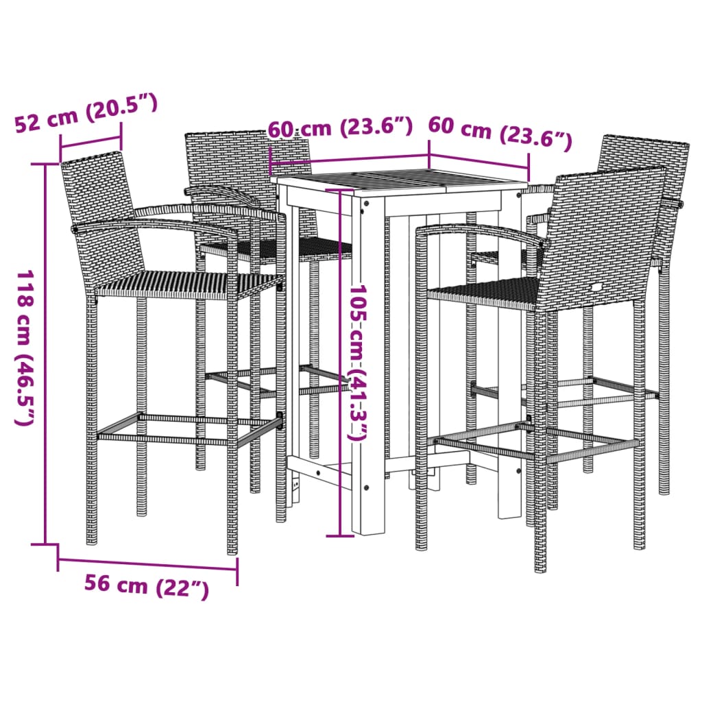 vidaXL 5 pcs conjunto de bar para jardim vime PE/acácia maciça preto