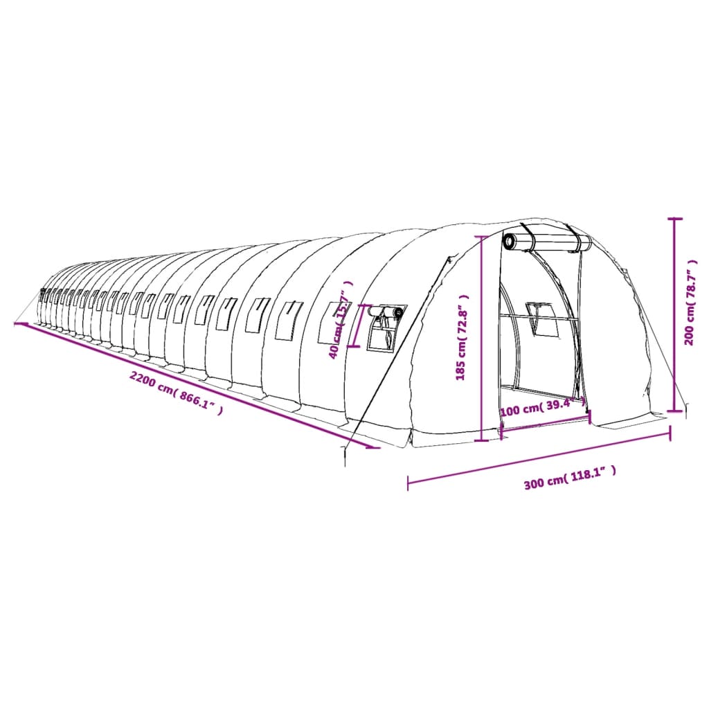 vidaXL Estufa com estrutura de aço 66 m² 22x3x2 m branco