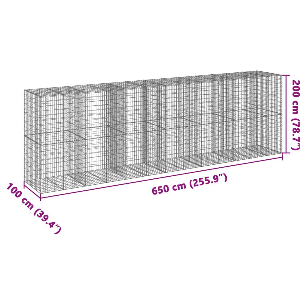 vidaXL Cesto gabião com cobertura 650x100x200 cm ferro galvanizado