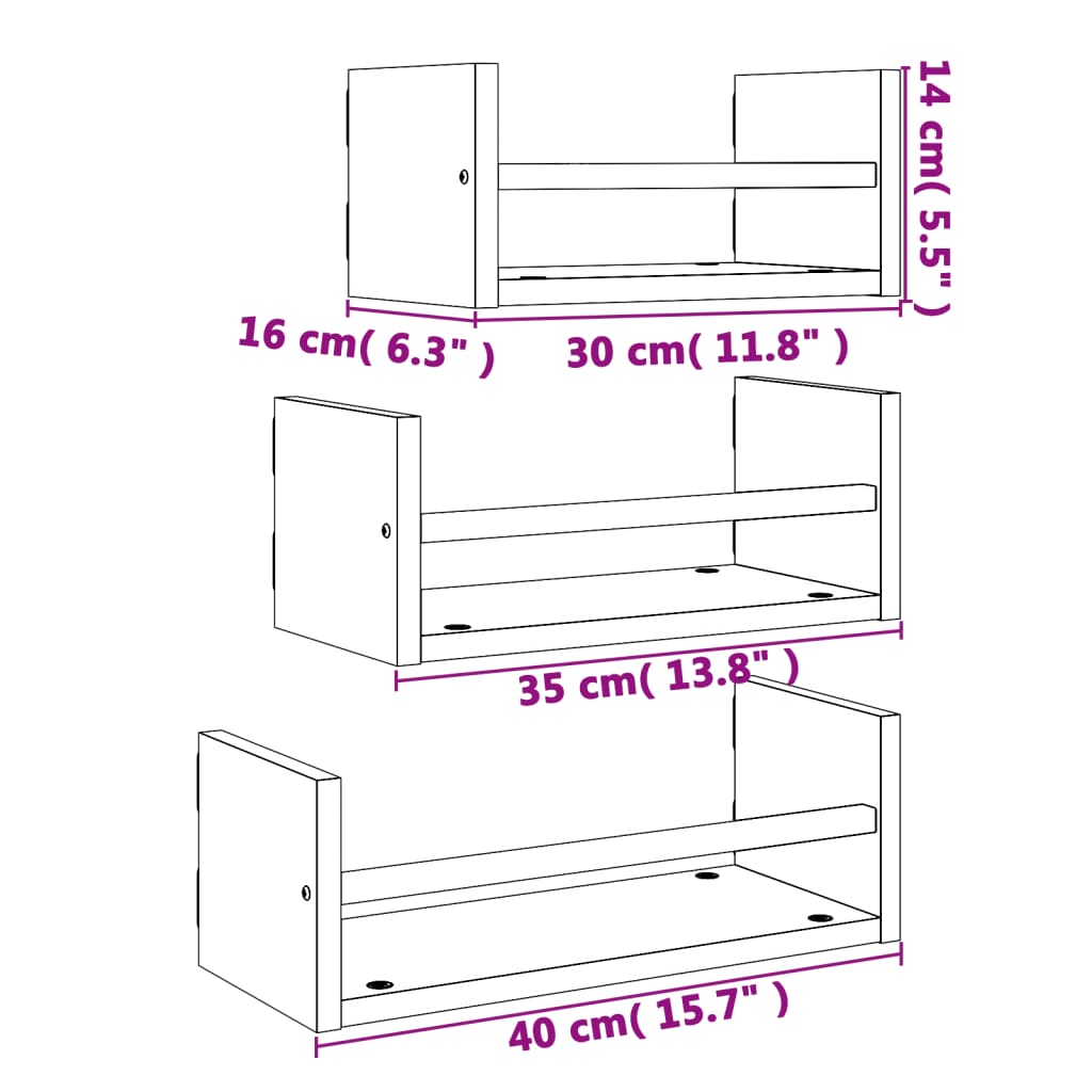 vidaXL 3pcs prateleiras parede c/ barras deriv. madeira cinza sonoma