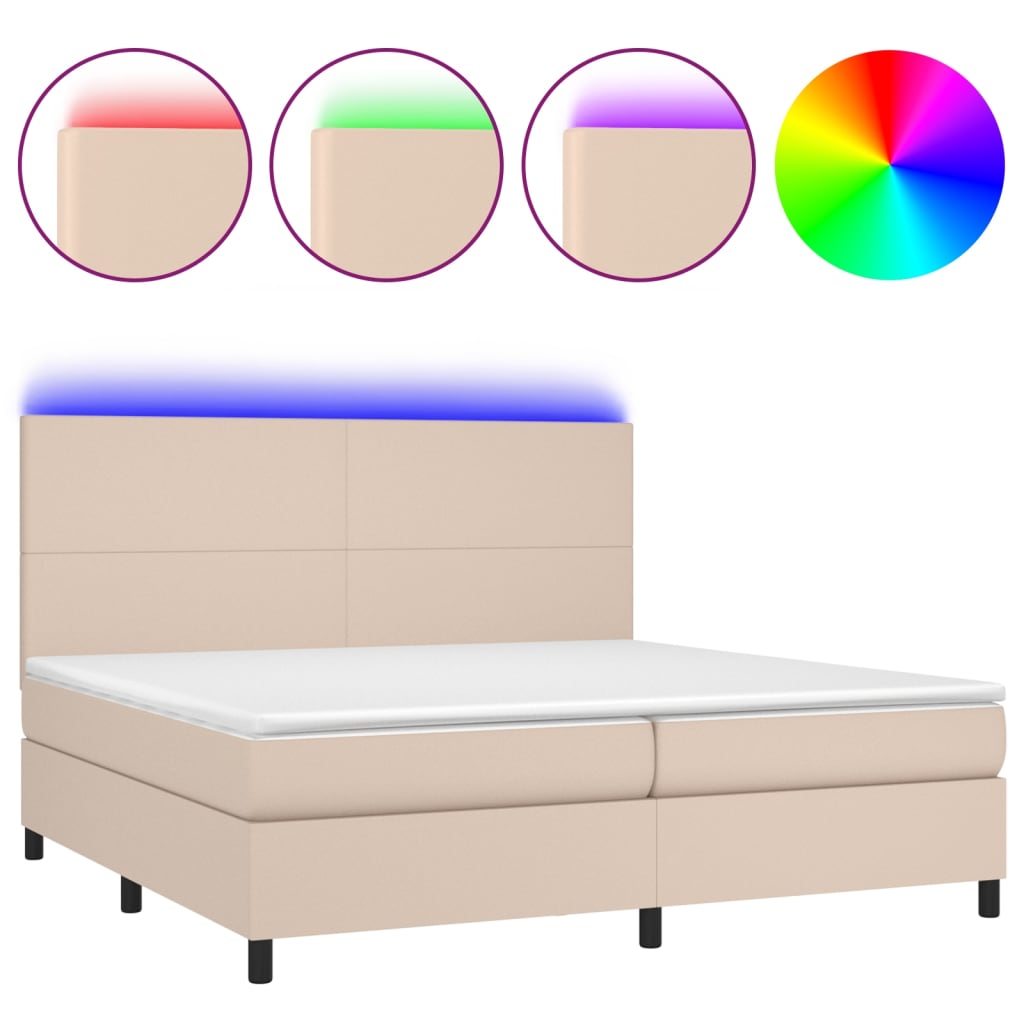 vidaXL Cama box spring c/colchão/LED 200x200cm couro artif. cappuccino