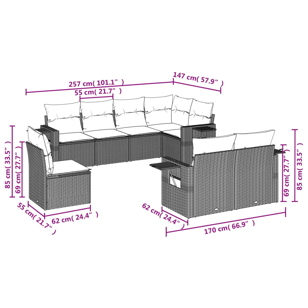 vidaXL 8 pcs conjunto de sofás p/ jardim com almofadões vime PE bege