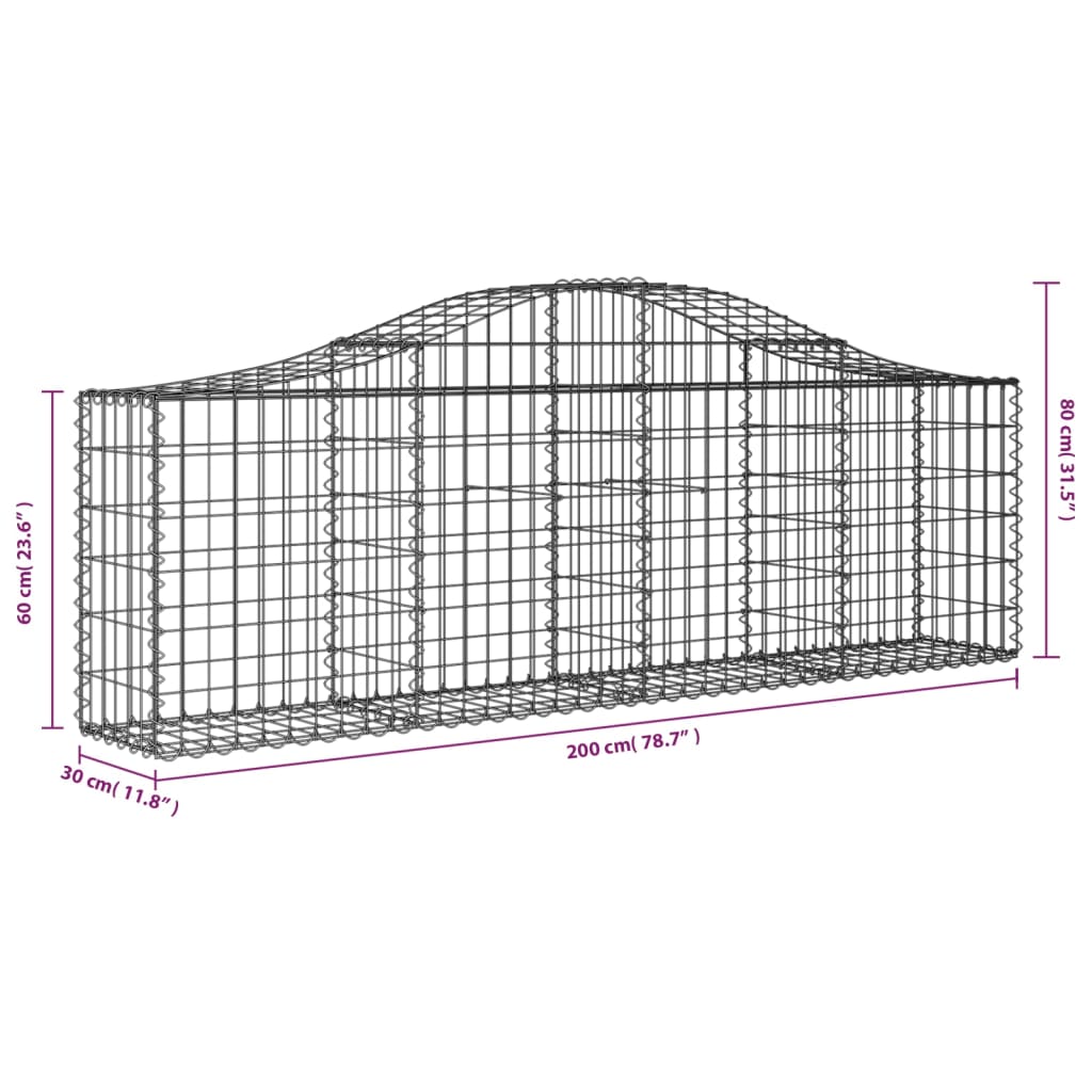 vidaXL Cestos gabião arqueados 7 pcs 200x30x60/80 cm ferro galvanizado