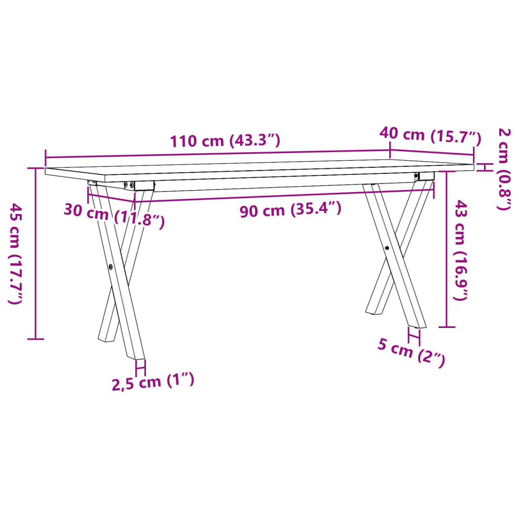 vidaXL Mesa de centro estrutura em X 110x40x45cm pinho e ferro fundido