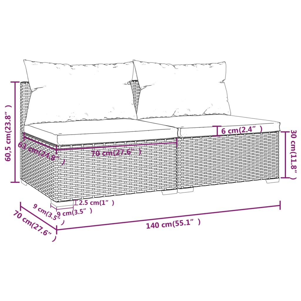 vidaXL 2 pcs conjunto lounge de jardim c/ almofadões vime PE castanho