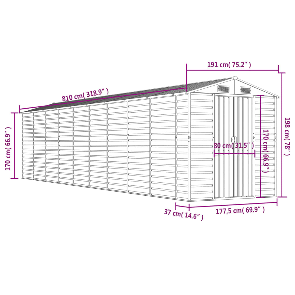 vidaXL Abrigo de jardim 191x810x198 cm aço galvanizado cinzento-claro