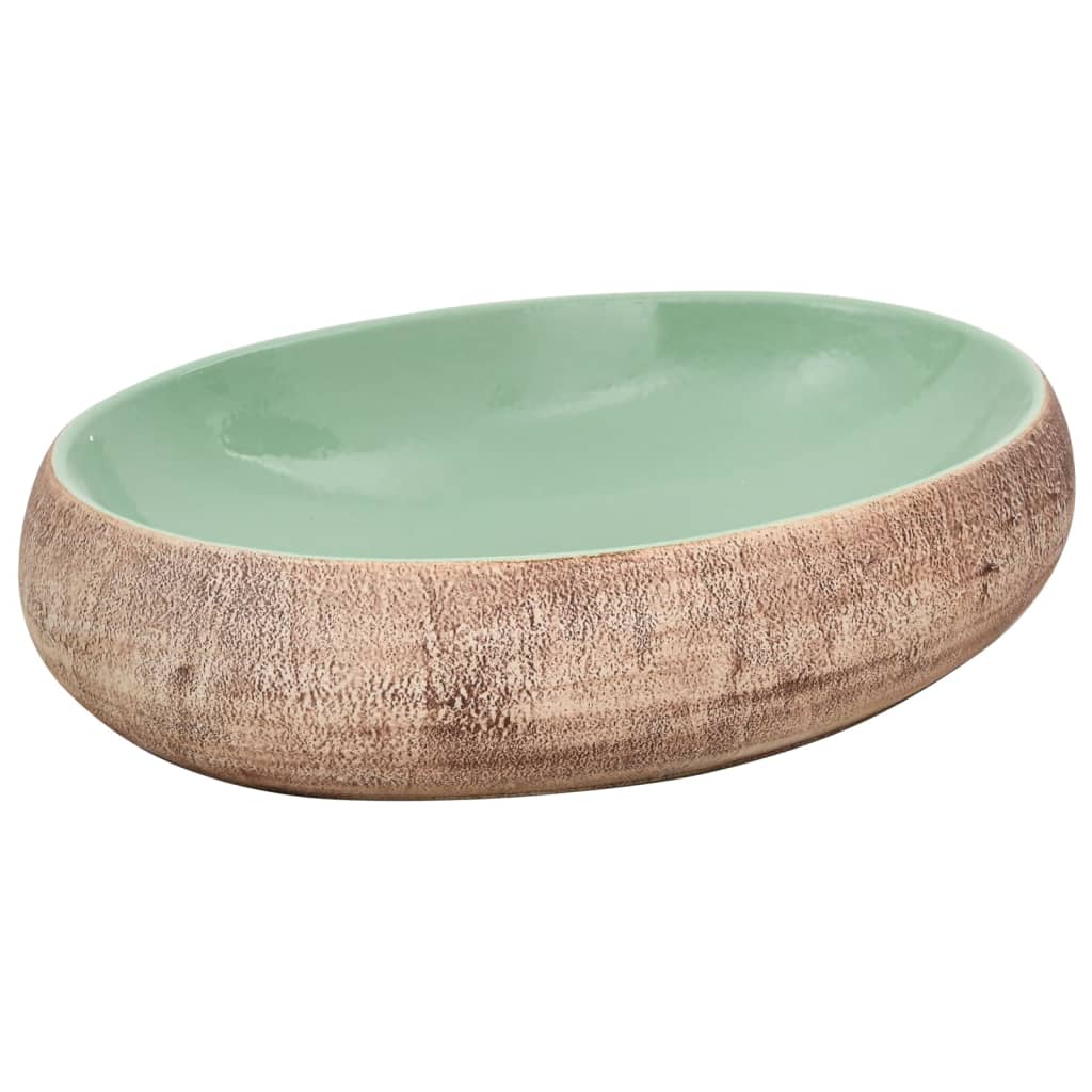 vidaXL Lavatório de bancada oval 59x40x15 cm cerâmica verde e castanho