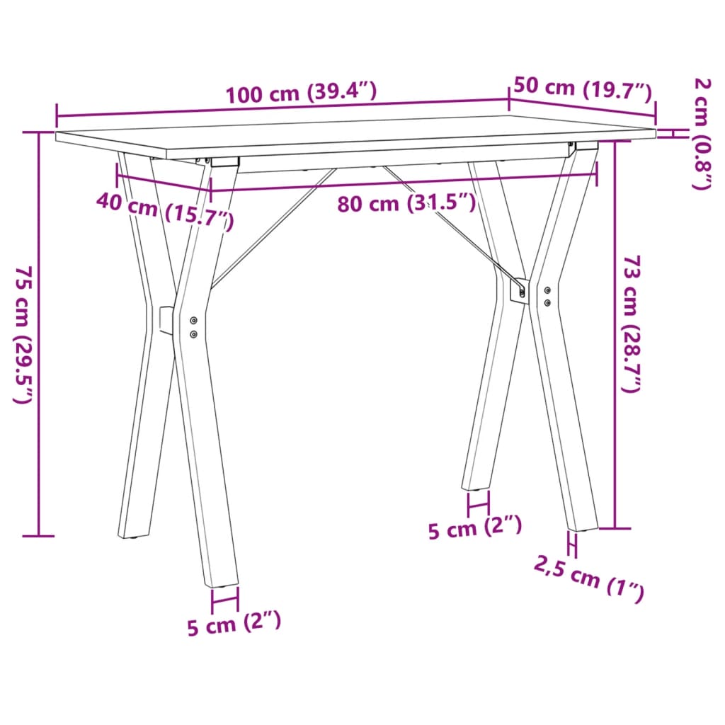 vidaXL Mesa de jantar estrutura em Y 100x50x75cm pinho e ferro fundido