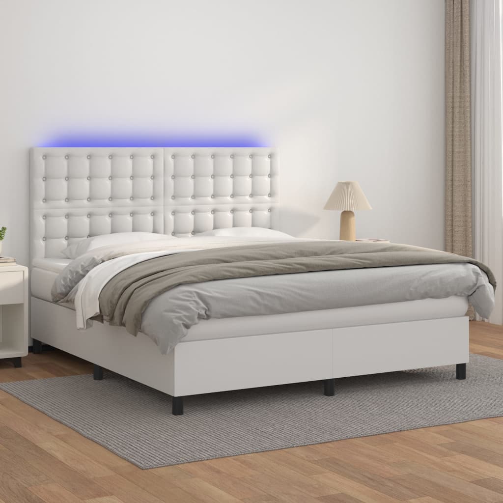 vidaXL Cama box spring c/colchão/LED 180x200cm couro artificial branco