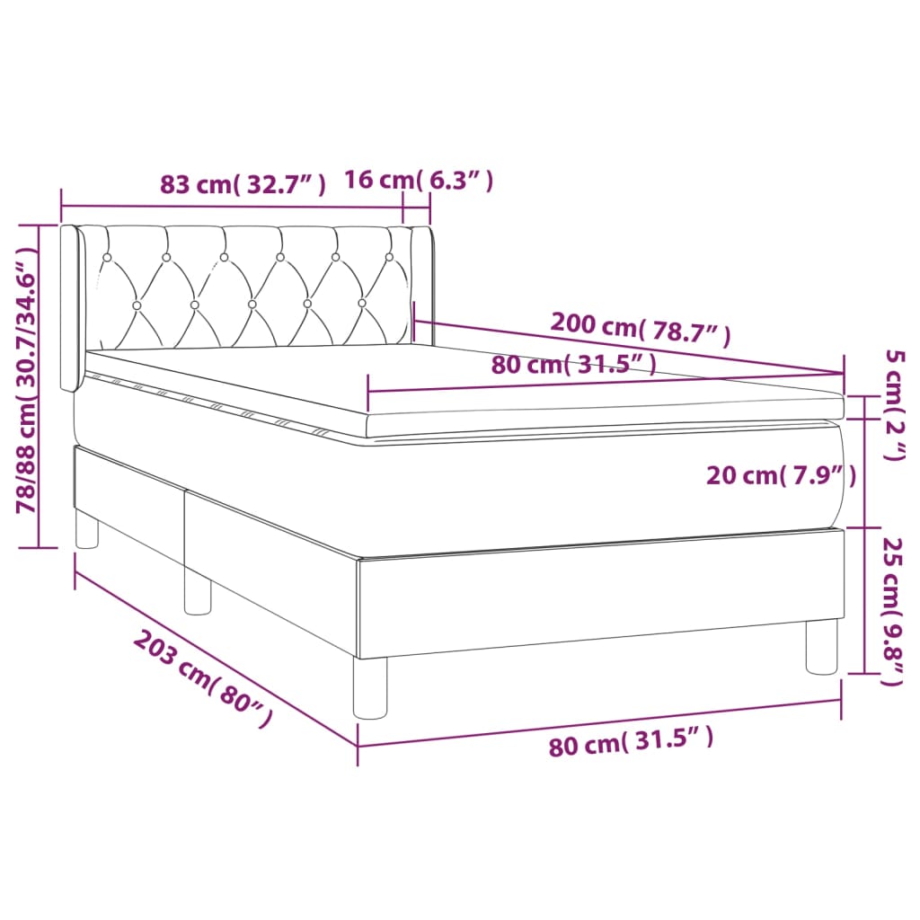 vidaXL Cama com molas/colchão 80x200 cm veludo cinza-escuro