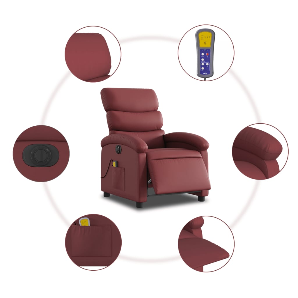 vidaXL Poltrona massagens reclin. elétrica couro artif. vermelho-tinto