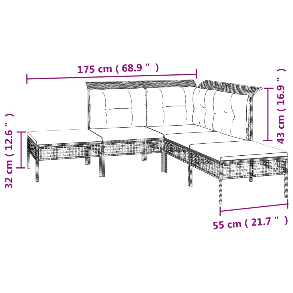 vidaXL 7 pcs conjunto lounge de jardim c/ almofadões vime PE cinzento