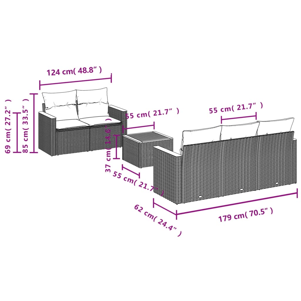 vidaXL 6 pcs conjunto sofás de jardim c/ almofadões vime PE preto