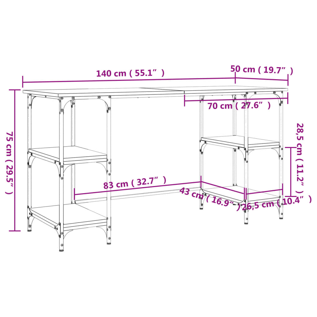 vidaXL Secretária 140x50x75 cm metal/derivados de madeira cinza sonoma