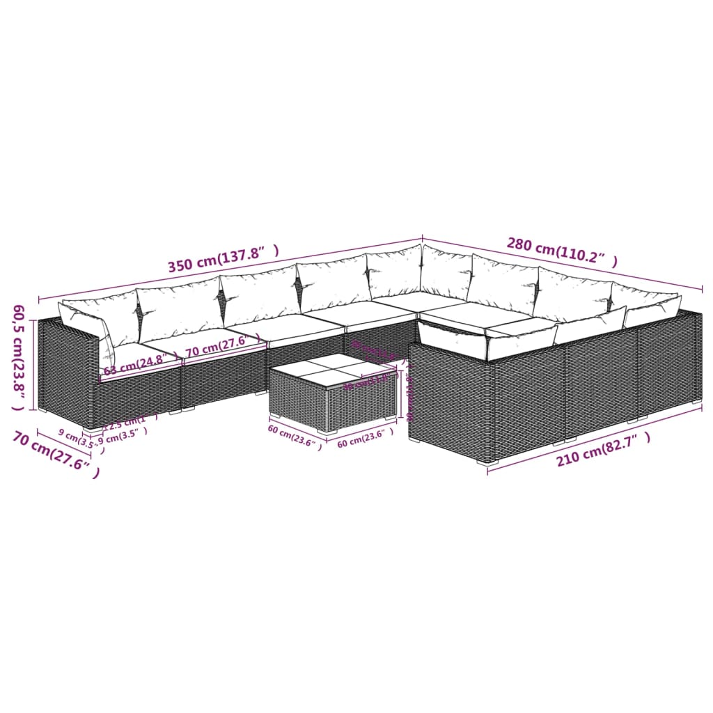 vidaXL 11 pcs conjunto lounge de jardim c/ almofadões vime PE cinzento