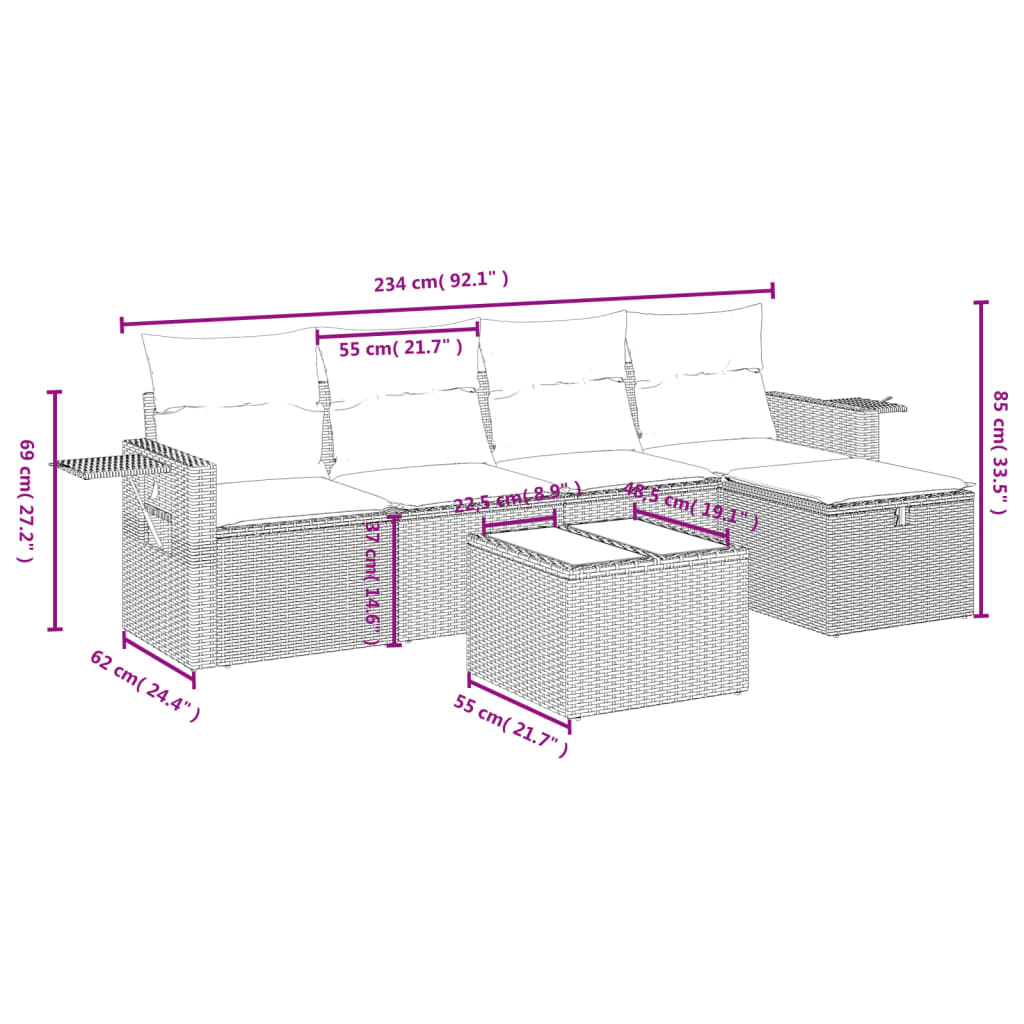 vidaXL 6 pcs conjunto sofás de jardim c/ almofadões vime PE preto