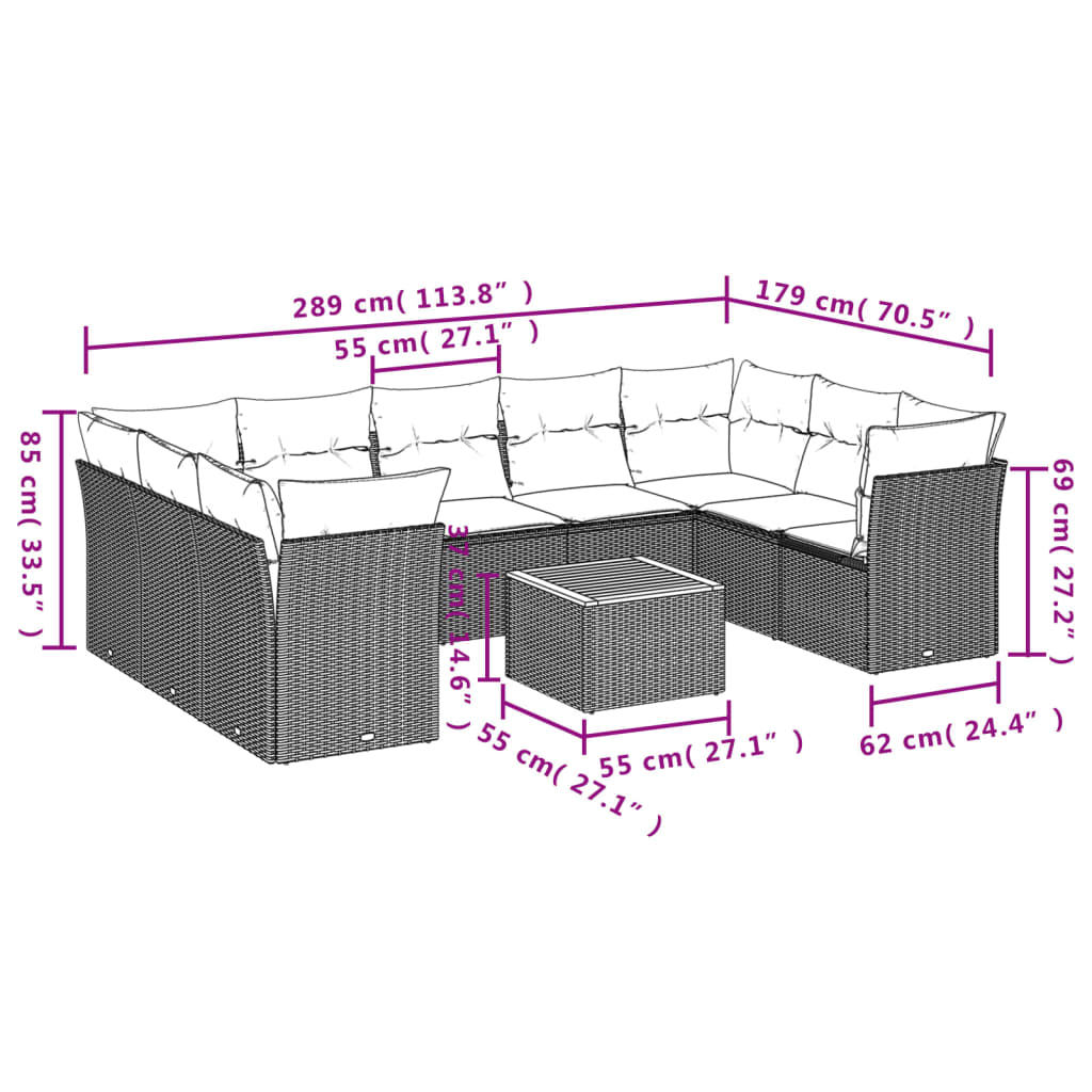 vidaXL 10 pcs conjunto de sofás p/ jardim com almofadões vime PE bege