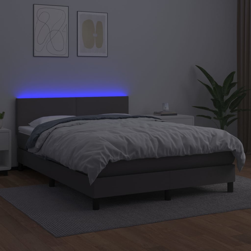 vidaXL Cama box spring c/ colchão/LED 140x200cm couro artificial cinza