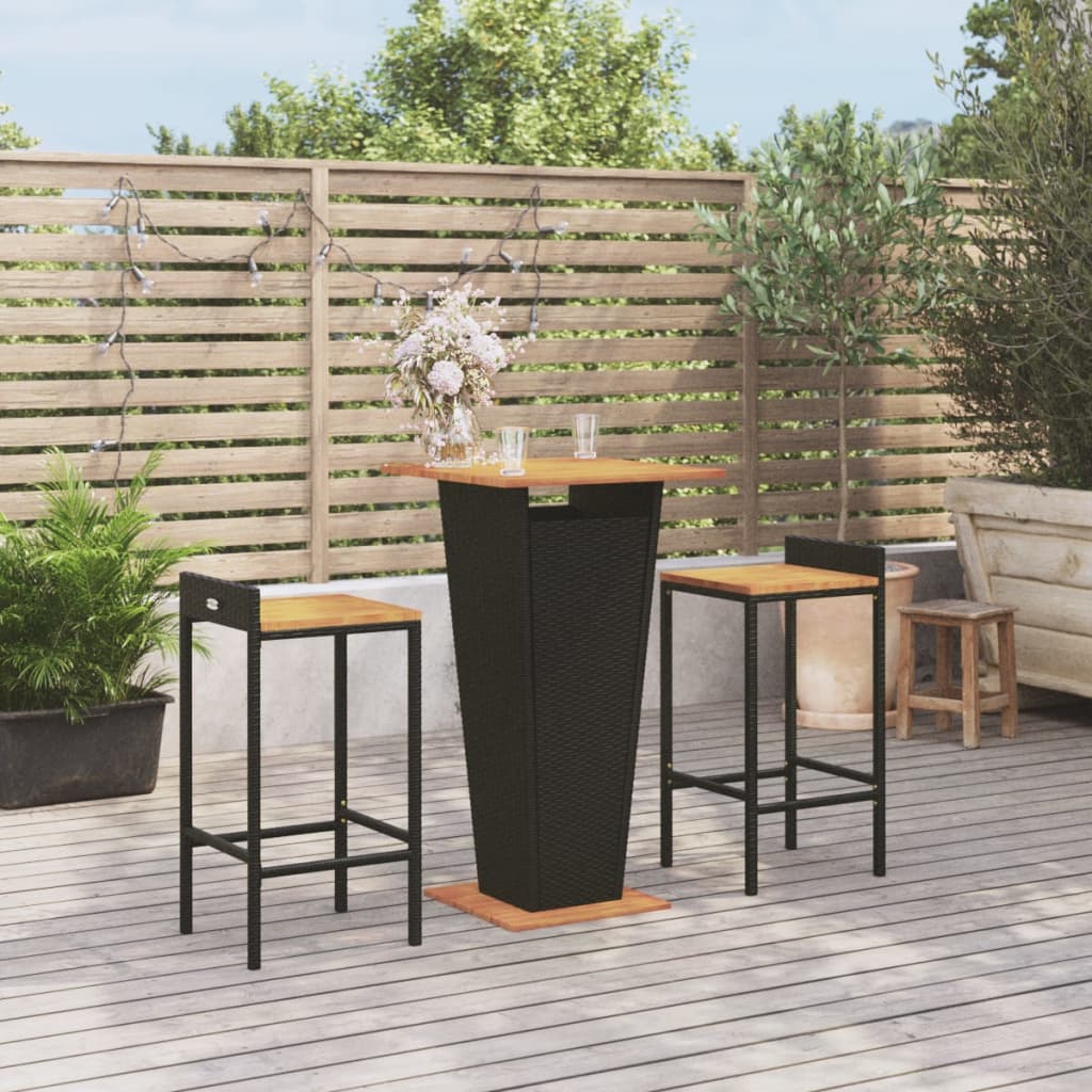 vidaXL 3 pcs conjunto de bar p/ jardim vime PE/acácia maciça preto