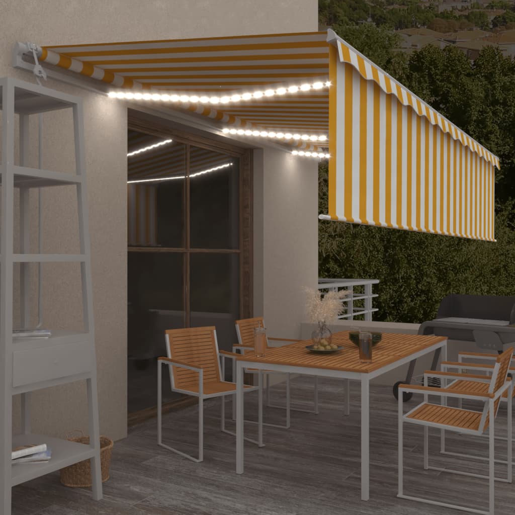 vidaXL Toldo autom. c/ estore/LED/sensor de vento 6x3 m amarelo/branco