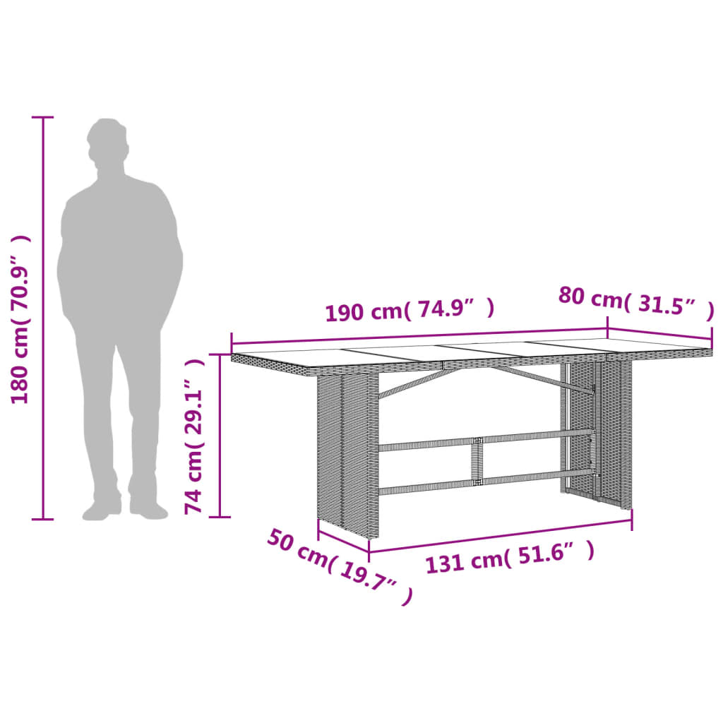 vidaXL Mesa de jardim com tampo de vidro 190x80x74 cm vime PE bege