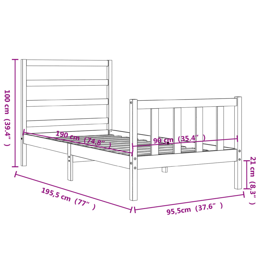 vidaXL Estrutura de cama com cabeceira 90x190 cm madeira maciça