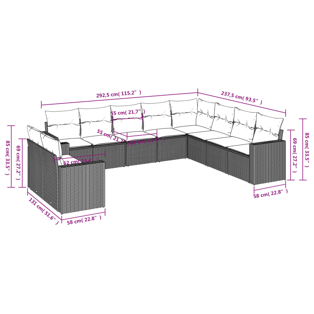 vidaXL 10 pcs conjunto sofás de jardim c/ almofadões vime PE preto