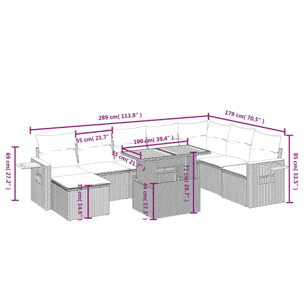 vidaXL 9 pcs conjunto sofás p/ jardim com almofadões vime PE cinzento