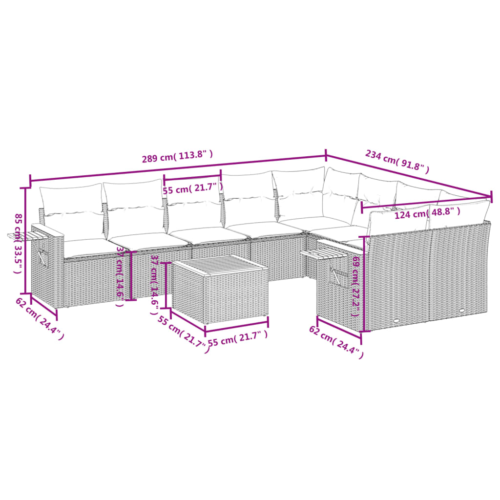 vidaXL 10 pcs conjunto de sofás p/ jardim com almofadões vime PE bege