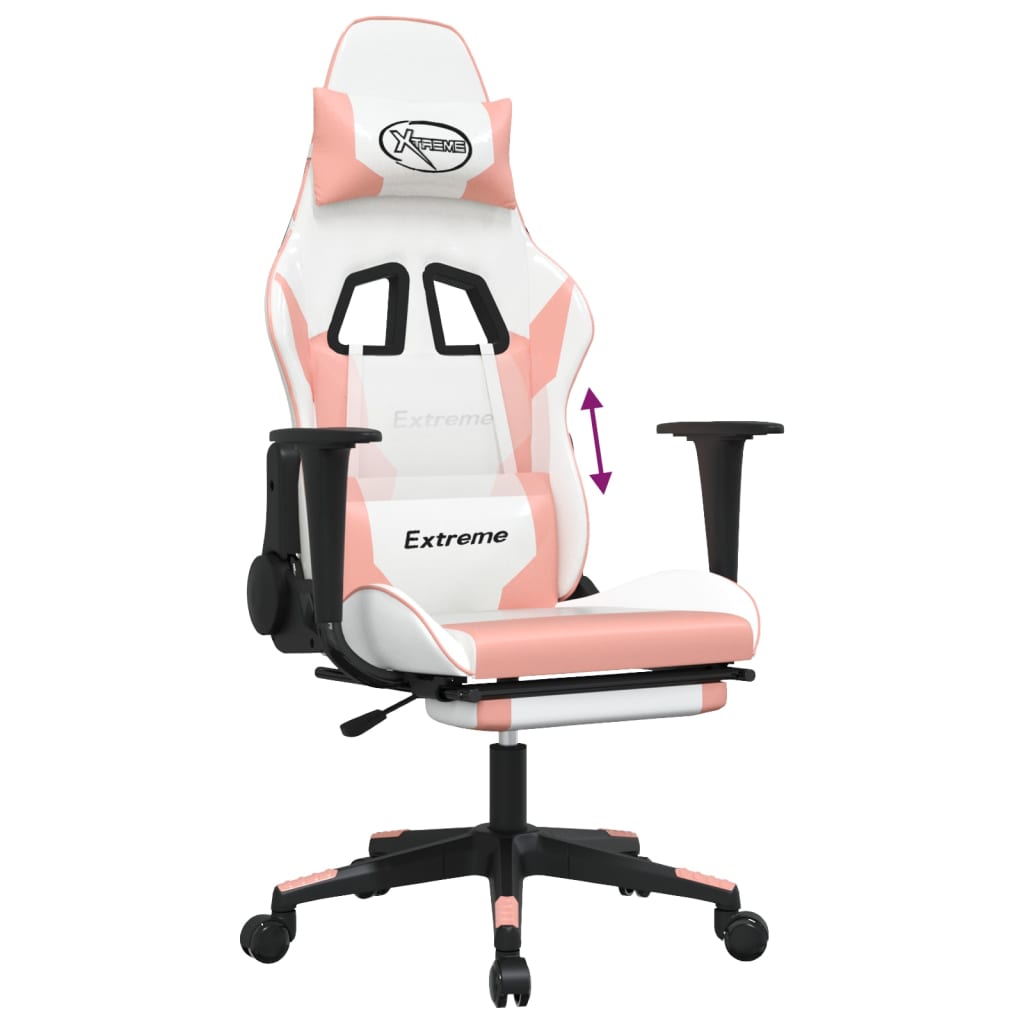 vidaXL Cadeira gaming com apoio p/ pés couro artificial branco e rosa