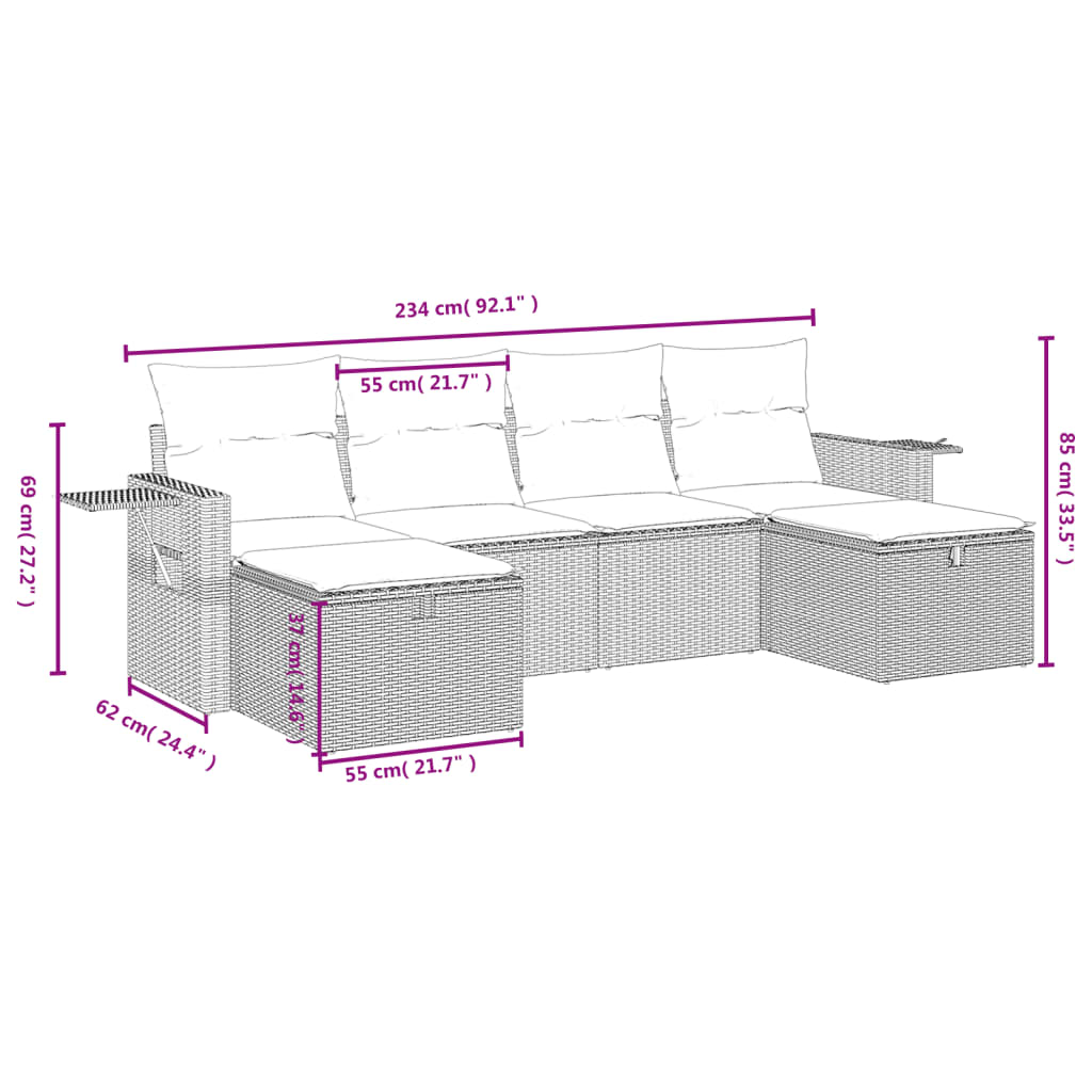 vidaXL 6 pcs conjunto de sofás jardim c/ almofadões vime PE castanho