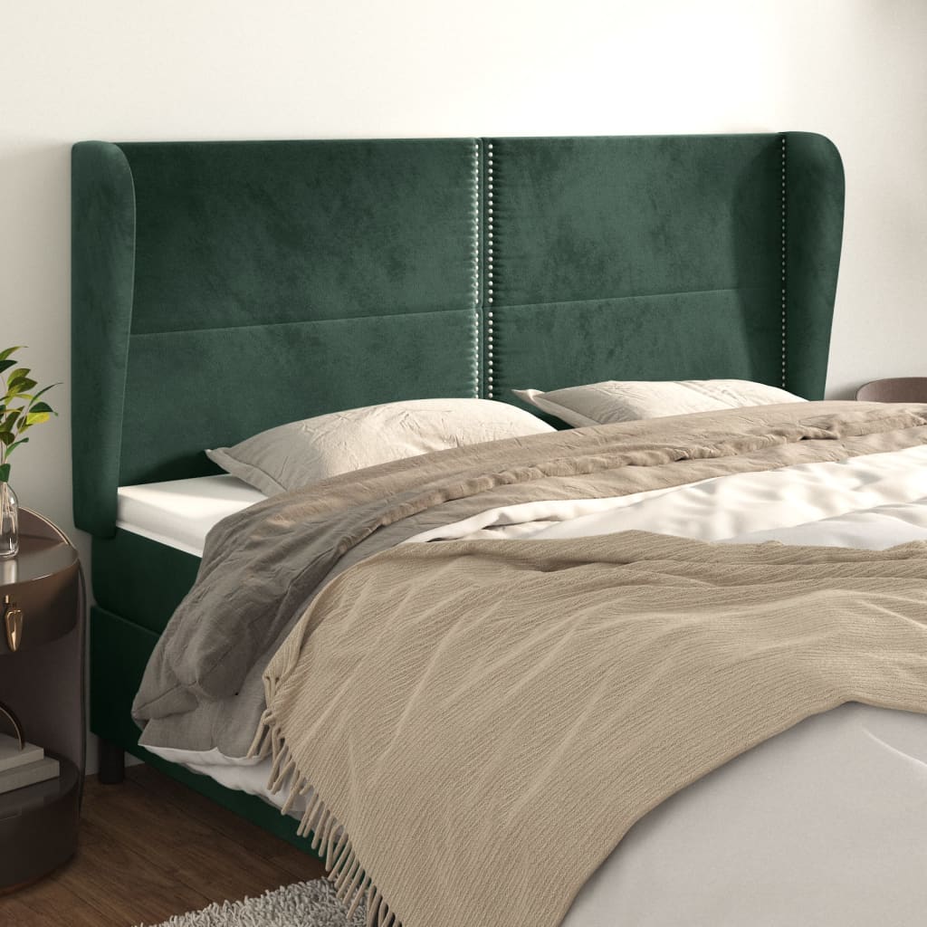 vidaXL Cabeceira cama c/ abas veludo 203x23x118/128 cm verde-escuro