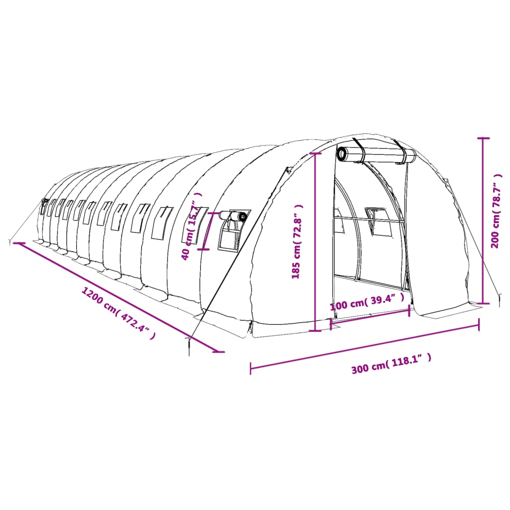 vidaXL Estufa com estrutura de aço 36 m² 12x3x2 m branco