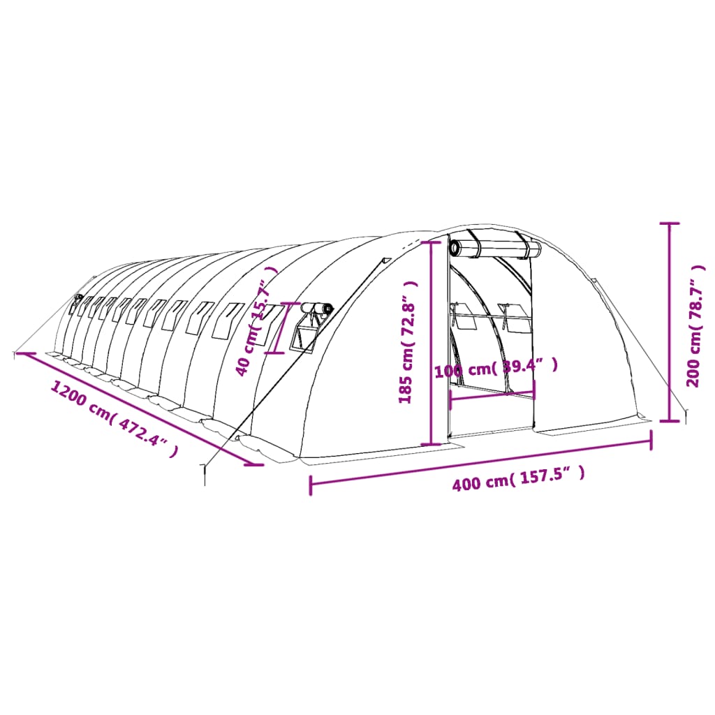 vidaXL Estufa com estrutura de aço 48 m² 12x4x2 m verde