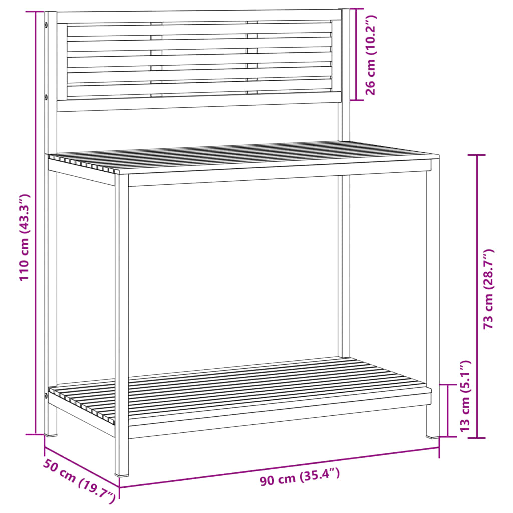 vidaXL Mesa de trabalho para jardim 90x50x110 cm acácia maciça e aço