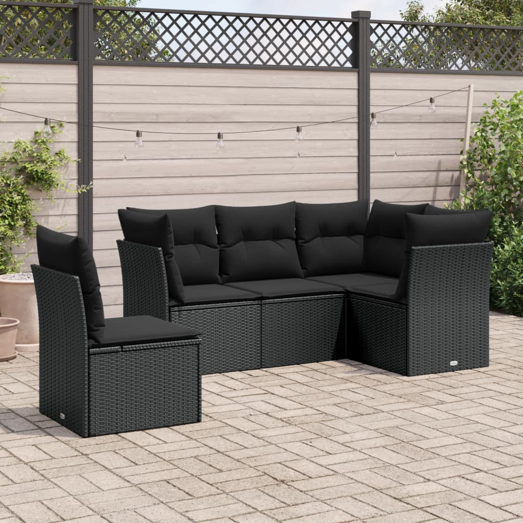 vidaXL 5 pcs conjunto sofás de jardim com almofadões vime PE preto