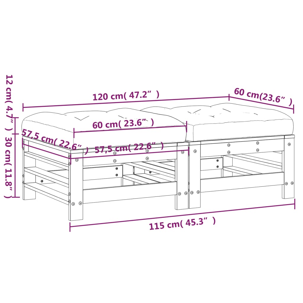 vidaXL Apoios de pés p/ jardim c/ almofadões 2 pcs pinho maciço cinza