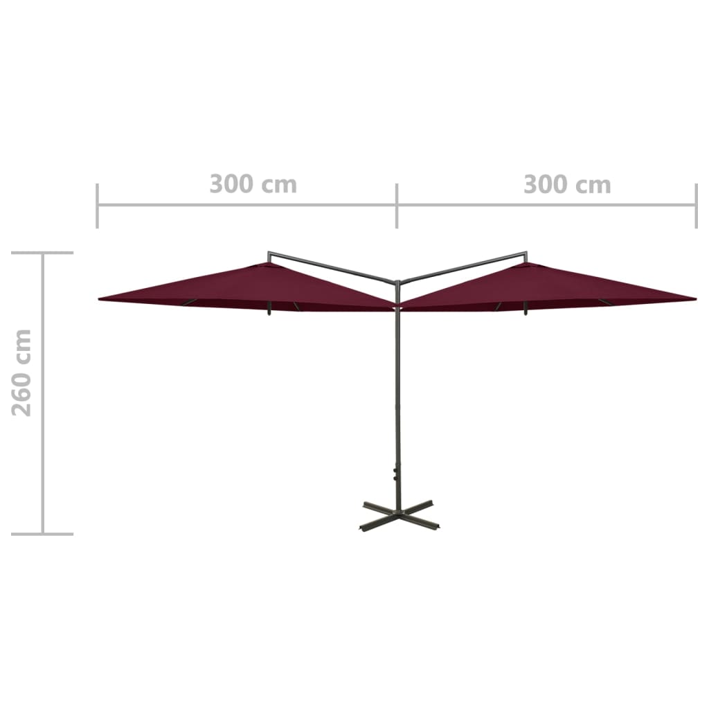 vidaXL Guarda-sol de jardim duplo com poste de aço 600 cm bordô