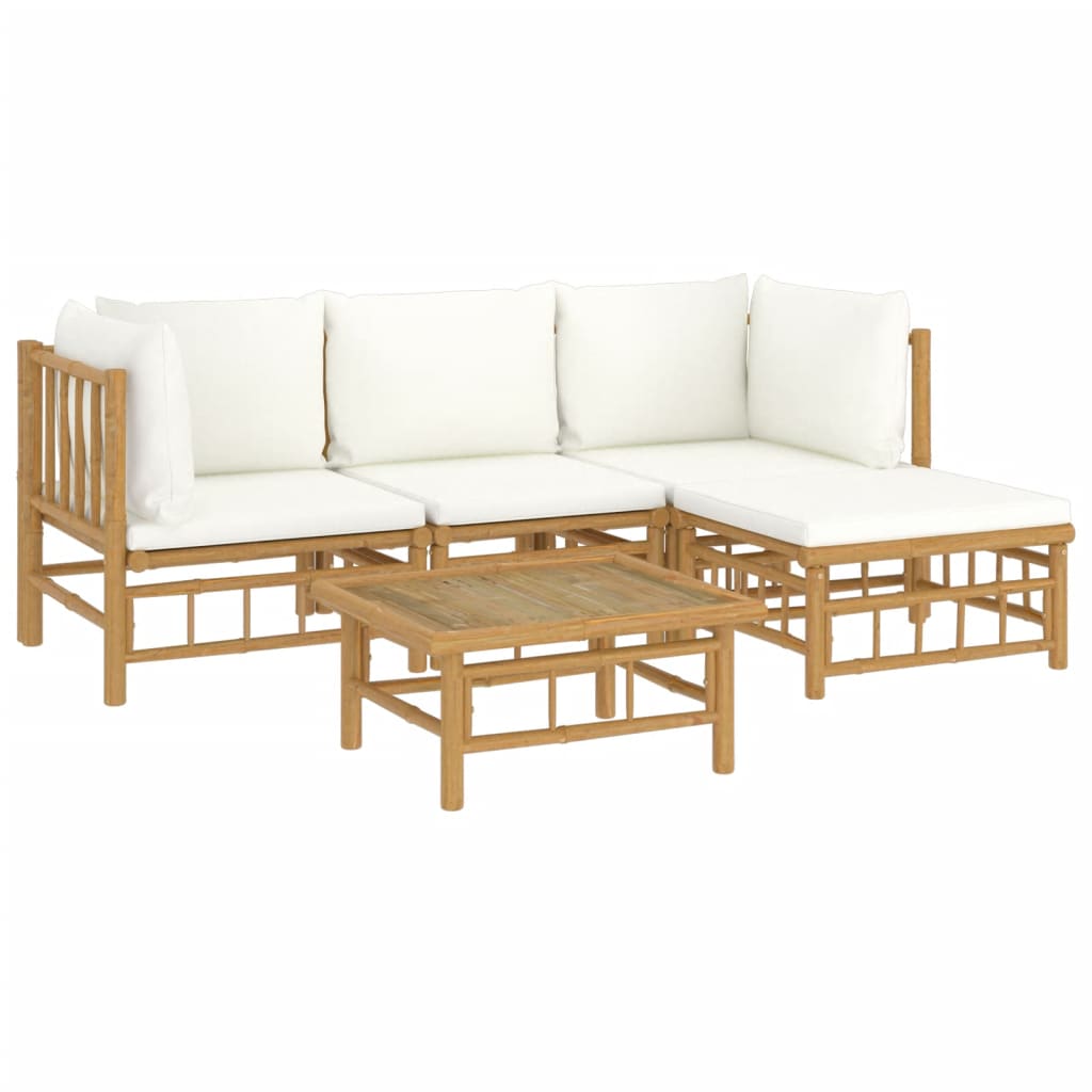 vidaXL 5 pcs conjunto lounge de jardim bambu c/ almofadões branco nata