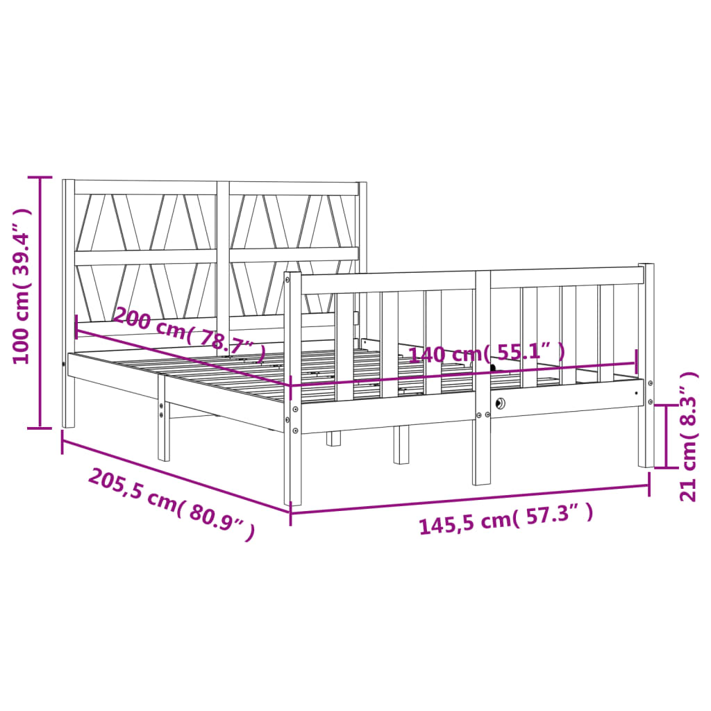 vidaXL Estrutura de cama com cabeceira 140x200 cm madeira maciça preto