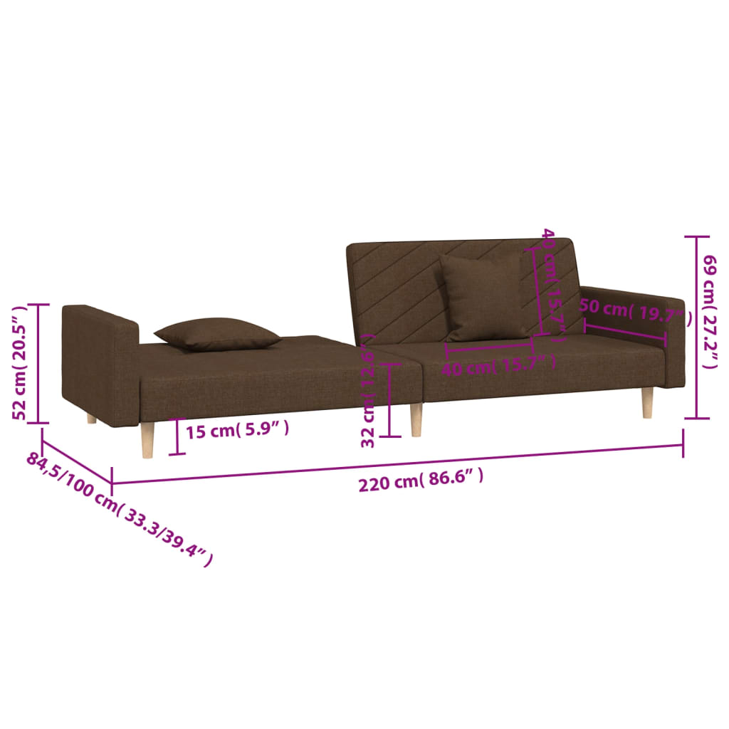 vidaXL Sofá-cama 2 lugares com duas almofadas tecido castanho