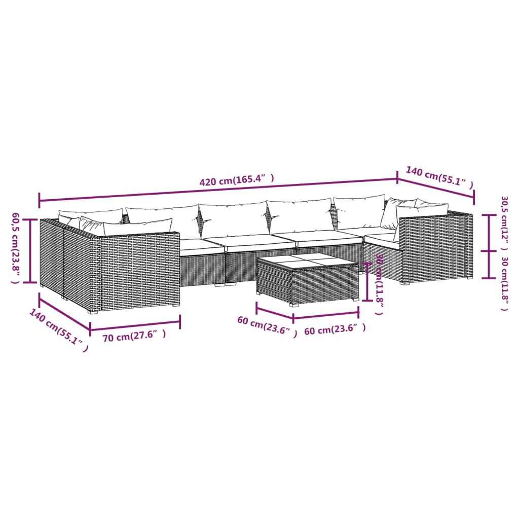 vidaXL 8 pcs conjunto lounge jardim c/ almofadões vime PE castanho